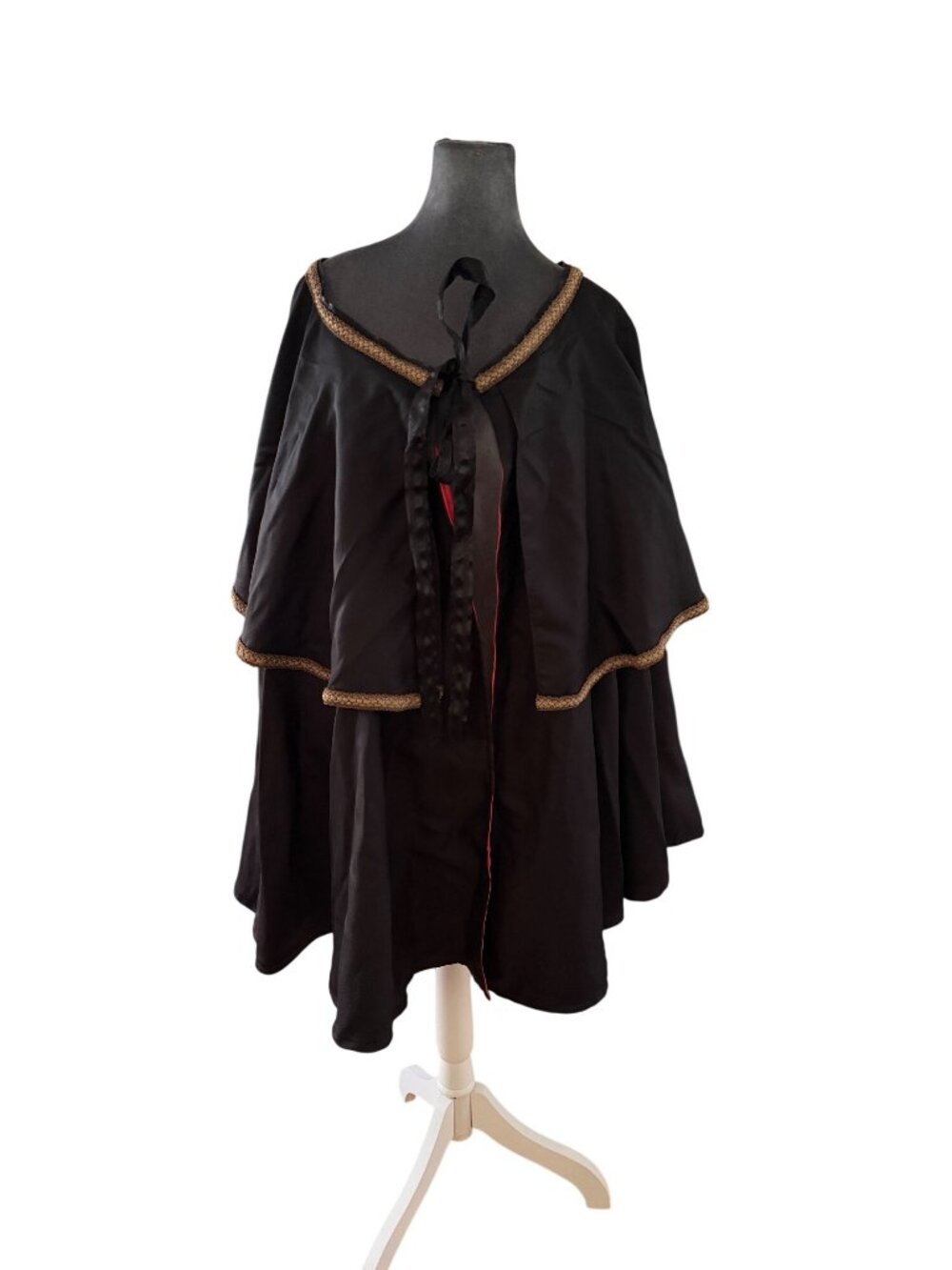 Custom Made Black Satin Cape With Coral Lining & Gold Trimmed Edges Ribbon Tie C